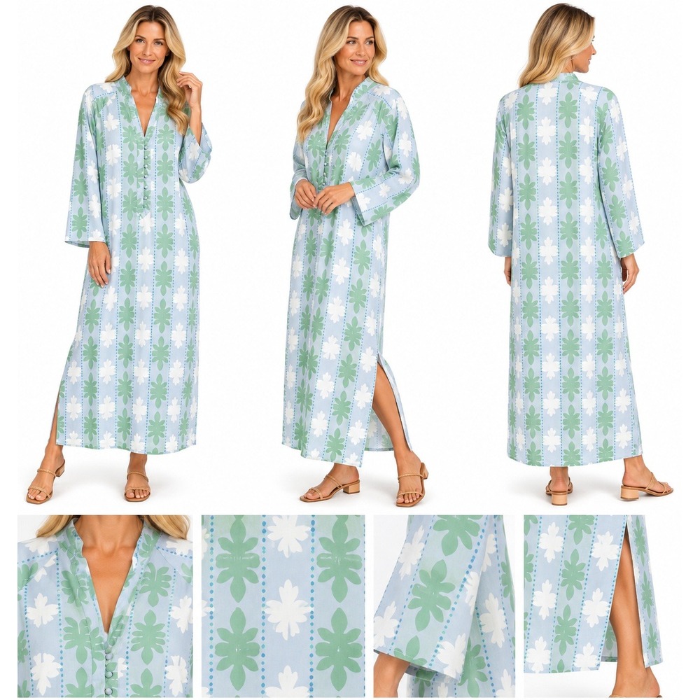 STS Sail to Sable Dress Caftan L Blue Green Leaf Print Cotton Maxi Coverup